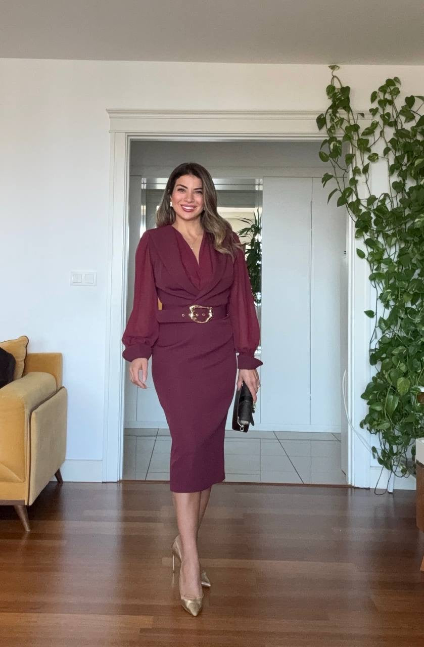 GOLD TOKA DETAYLI KRUVAZE ELBİSE – BORDO