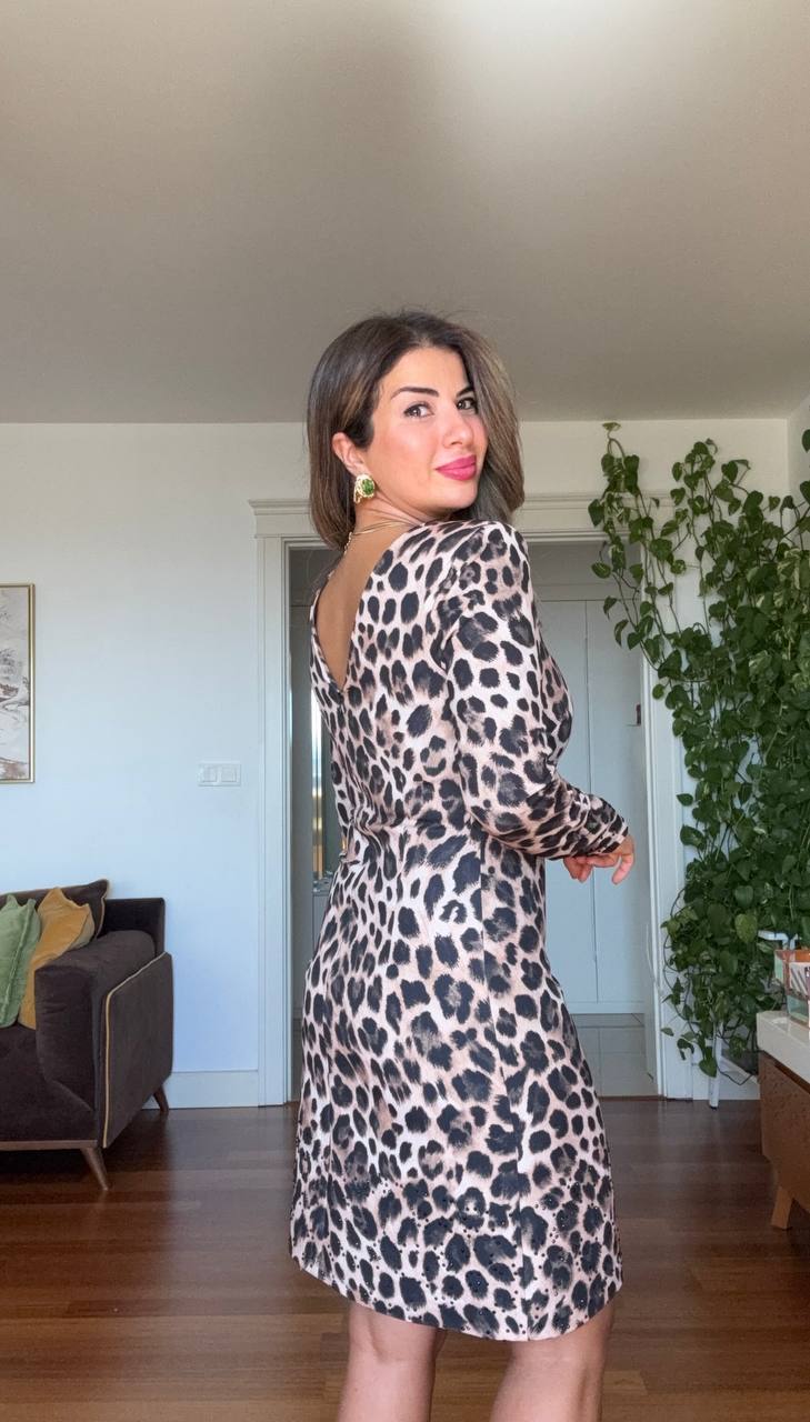 LEOPAR DESENLİ UZUN KOLLU MİNİ ELBİSE
