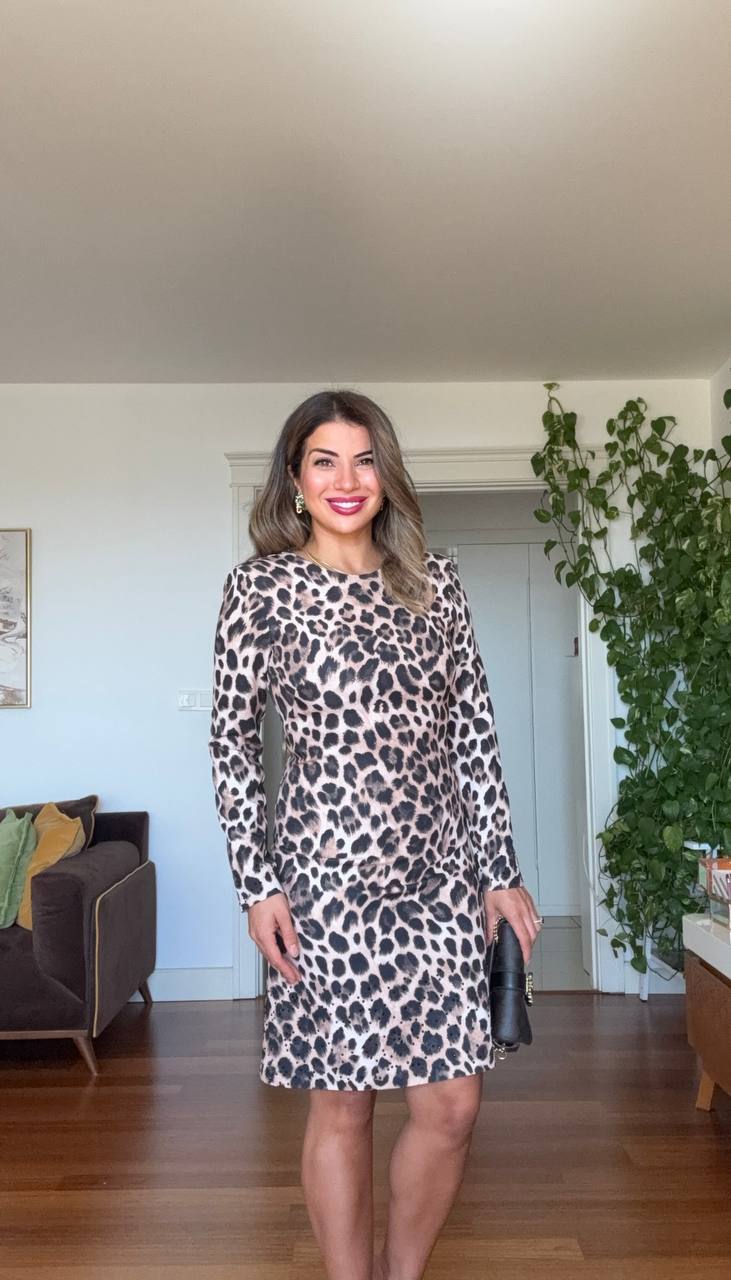 LEOPAR DESENLİ UZUN KOLLU MİNİ ELBİSE