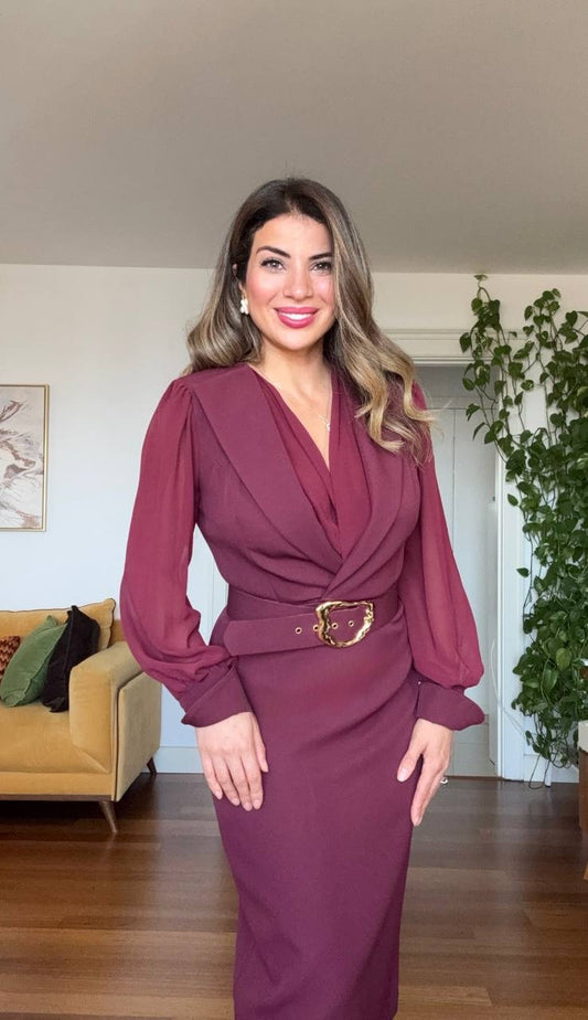 GOLD TOKA DETAYLI KRUVAZE ELBİSE – BORDO