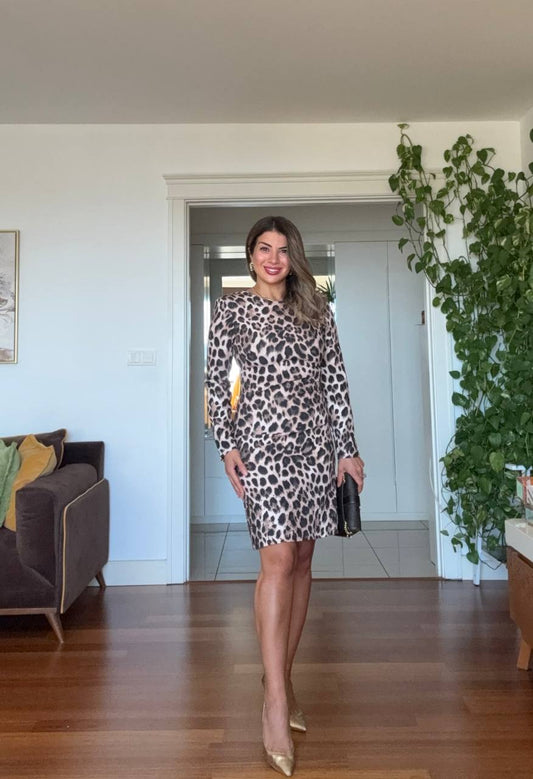 LEOPAR DESENLİ UZUN KOLLU MİNİ ELBİSE