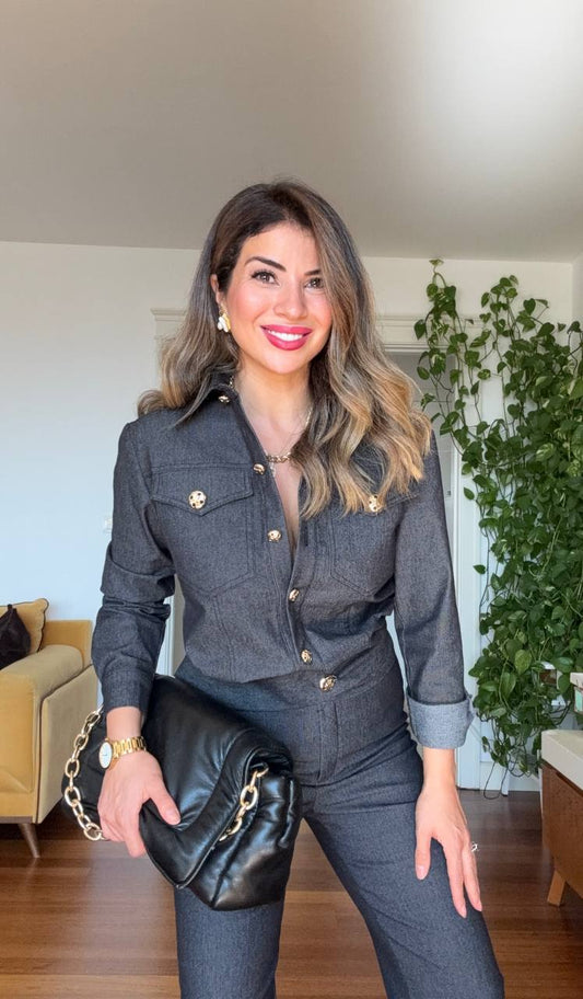 GOLD DÜĞME DETAYLI JEAN TAKIM – LACİVERT