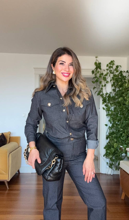 GOLD DÜĞME DETAYLI JEAN TAKIM – LACİVERT