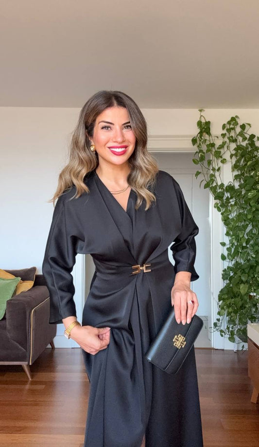 GOLD TOKA DETAYLI MİDİ ELBİSE - SİYAH