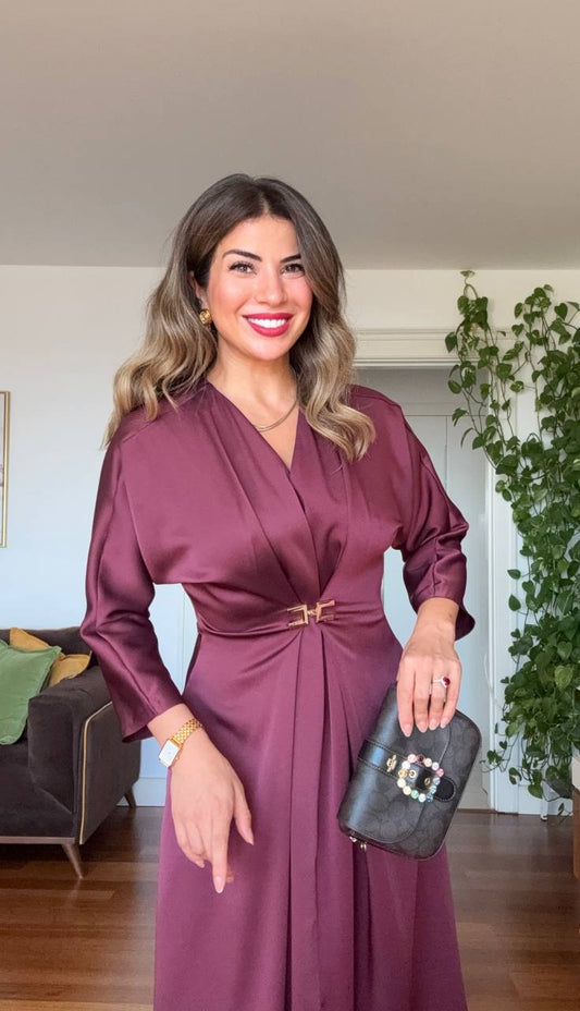 GOLD TOKA DETAYLI MİDİ ELBİSE - MÜRDÜM