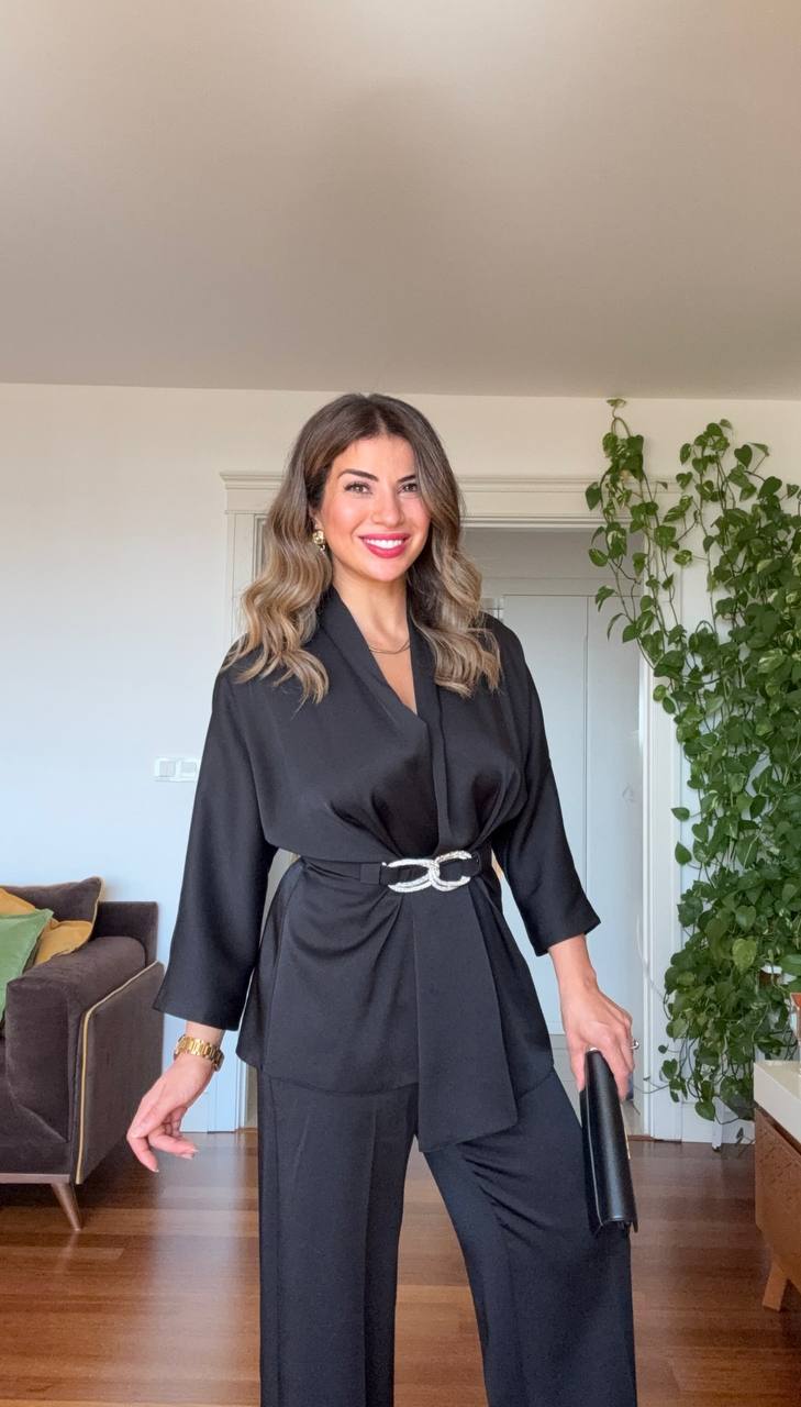 SATEN DOKULU KEMER DETAYLI ŞIK TAKIM - SİYAH