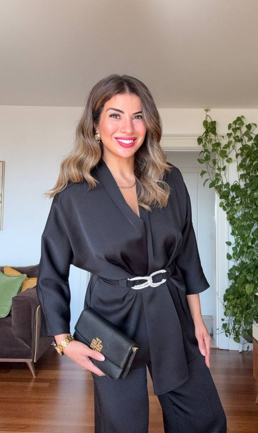 SATEN DOKULU KEMER DETAYLI ŞIK TAKIM - SİYAH