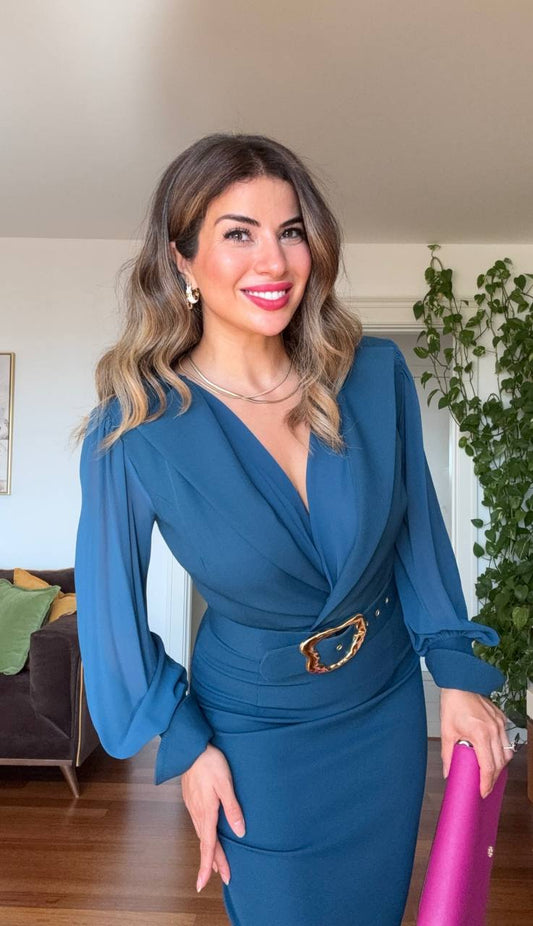 GOLD TOKA DETAYLI KRUVAZE ELBİSE – PETROL MAVİSİ