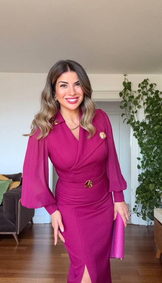 BROŞ DETAYLI ŞİFON KOL KRUVAZE MİDİ ELBİSE – MÜRDÜM