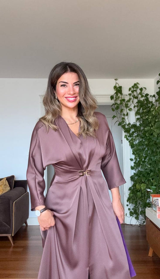 GOLD TOKA DETAYLI MİDİ ELBİSE - MOKA KAHVE