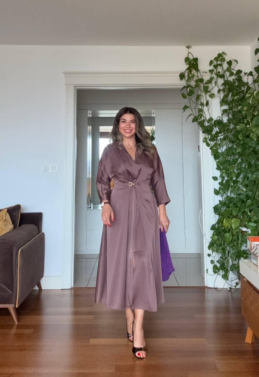 GOLD TOKA DETAYLI MİDİ ELBİSE - MOKA KAHVE