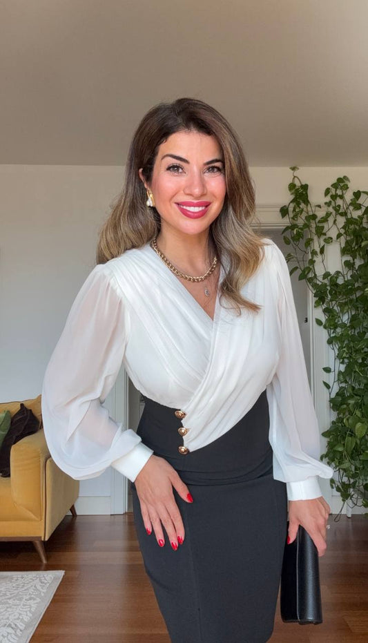 ÜÇ DÜĞME DETAYLI KRUVAZE ELBİSE - SİYAH & BEYAZ