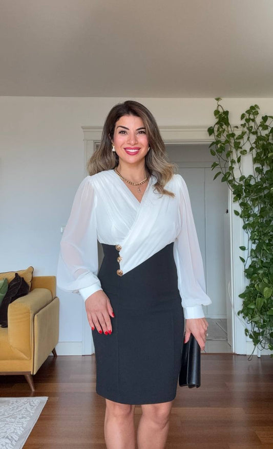 ÜÇ DÜĞME DETAYLI KRUVAZE ELBİSE - SİYAH & BEYAZ