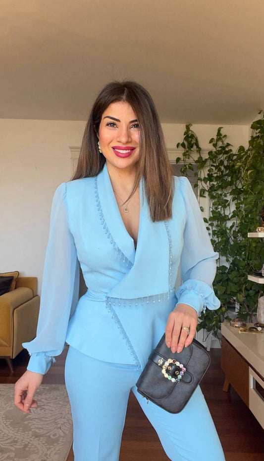 KOLU TÜL DETAYLI TAŞLI TAKIM - BEBE MAVİ