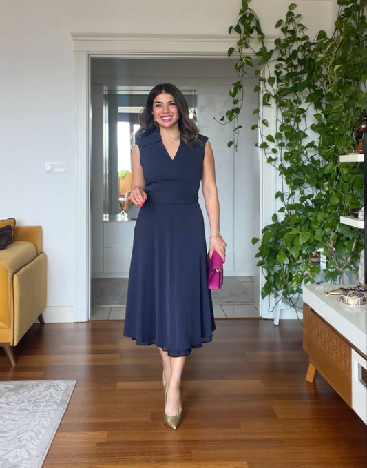 V YAKA ELBİSE - LACİVERT