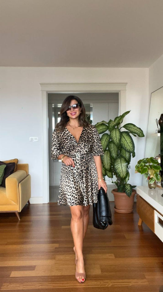 LEOPAR DESEN KEMERLİ ŞORT ELBİSE