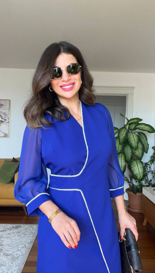 KRUVAZE YAKA TAŞLI ELBİSE - SAKS