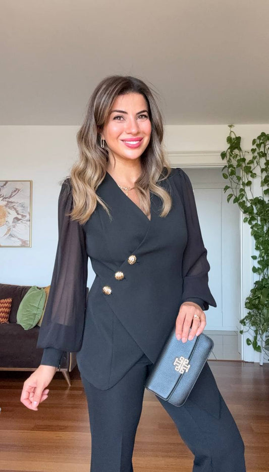 ASİMETRİK KESİM BLAZER TAKIM - SİYAH