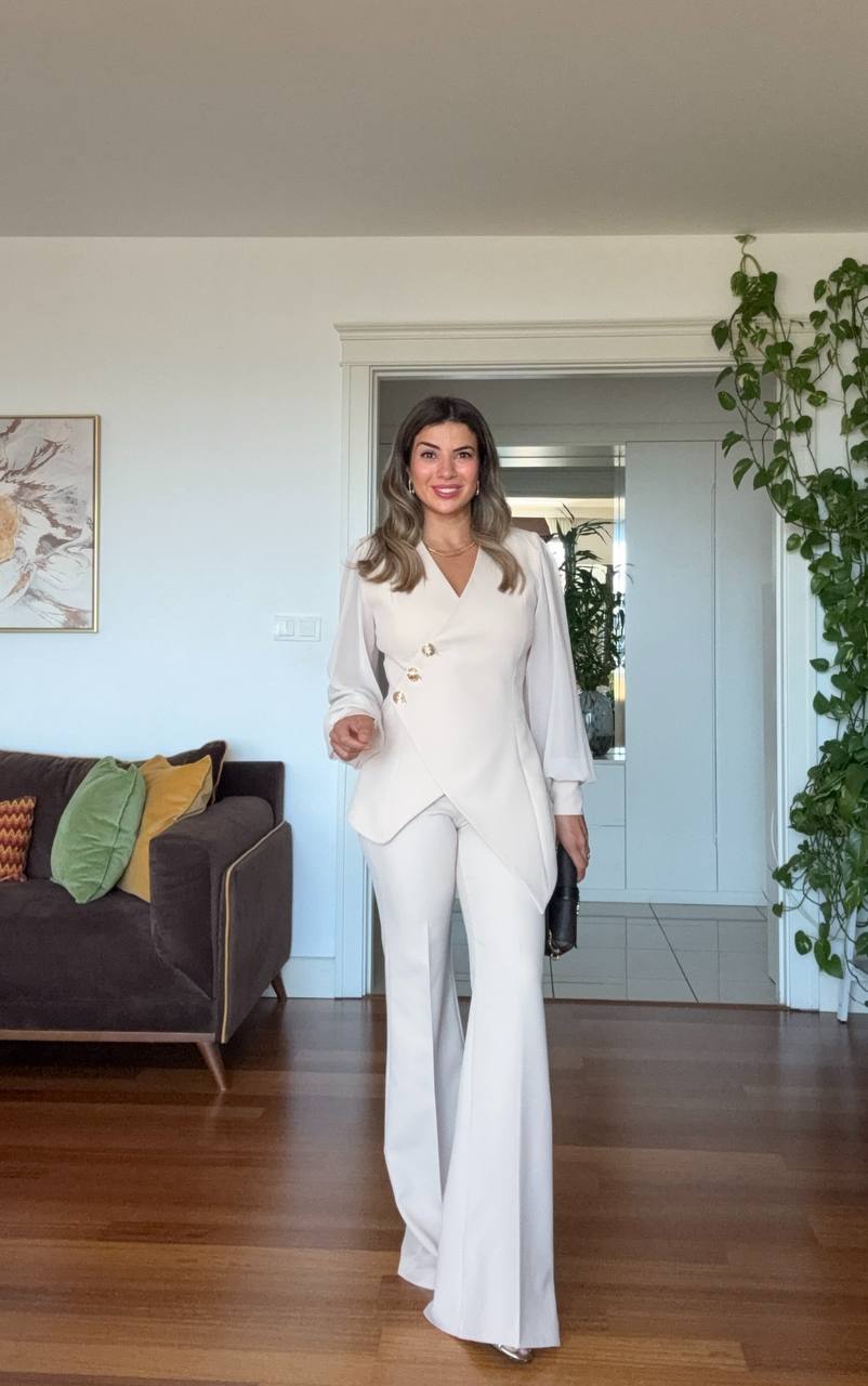 ASİMETRİK KESİM BLAZER TAKIM - EKRU