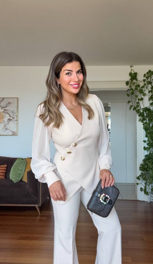 ASİMETRİK KESİM BLAZER TAKIM - EKRU