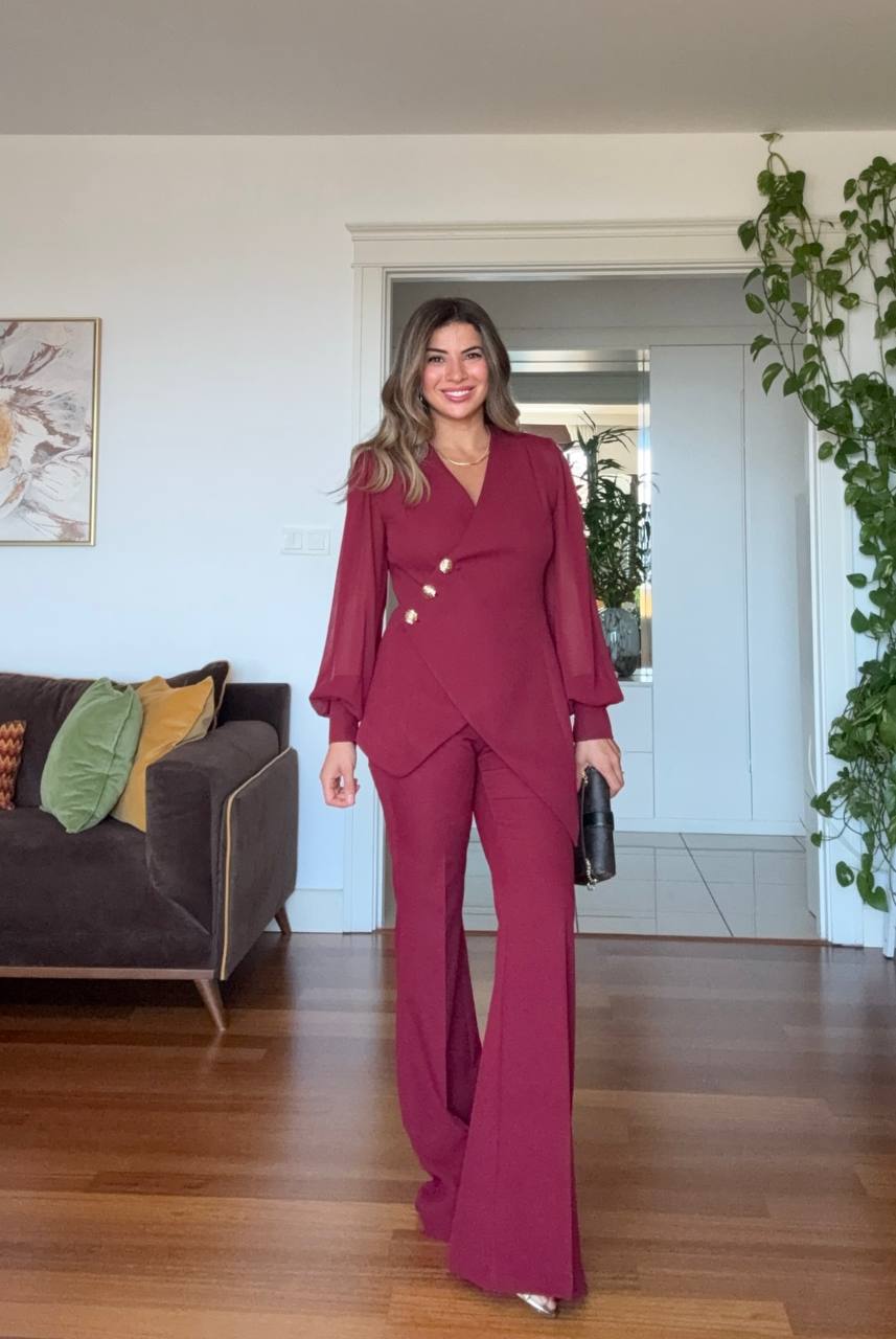 ASİMETRİK KESİM BLAZER TAKIM - BORDO