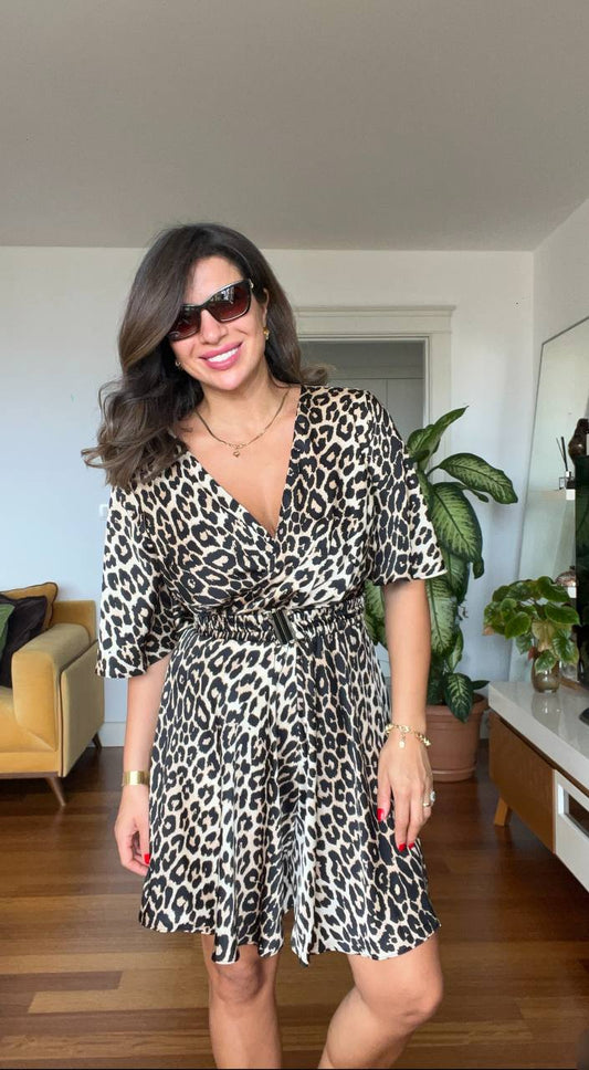 LEOPAR DESEN KEMERLİ ŞORT ELBİSE