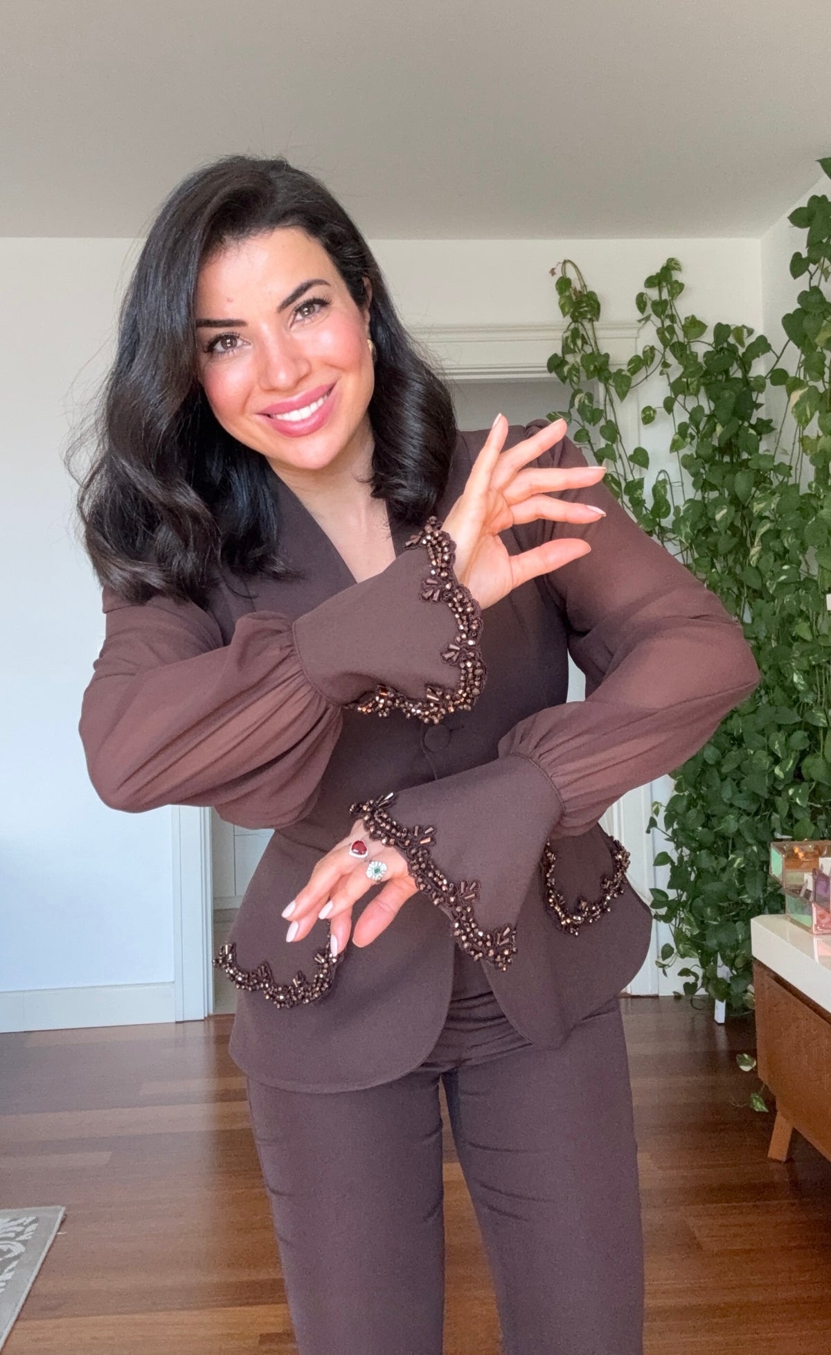 TAŞLI ŞİFON KOLLU BLAZER TAKIM - KAHVE