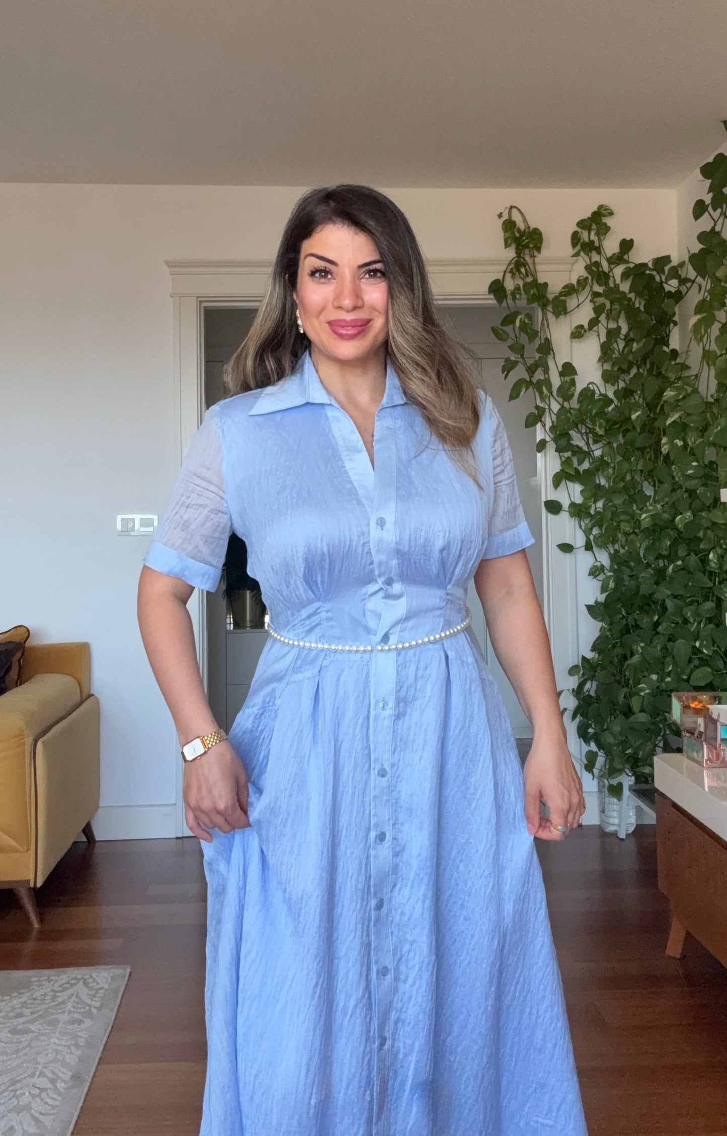 PRENSES MODEL PARLAK GÖMLEK ELBİSE -BEBE MAVİ