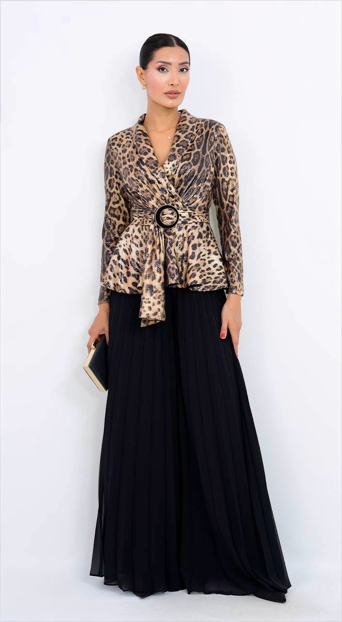 LEOPAR DESEN PUL PAYET PİLELİ TAKIM - SİYAH