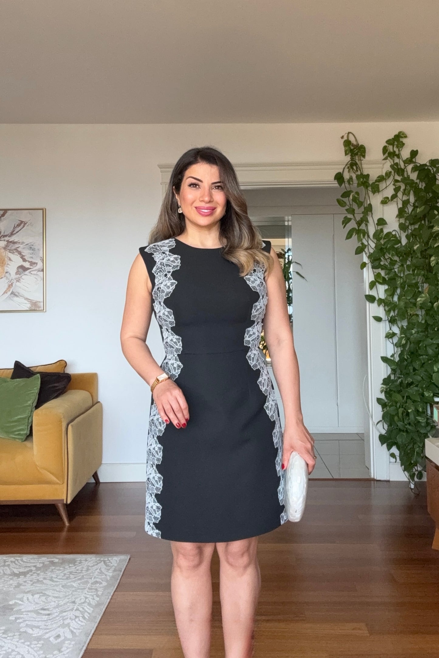 DANTEL DETAYLI  MİDİ ELBİSE- SİYAH
