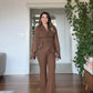 TAŞLI ŞİFON KOLLU BLAZER TAKIM - KAHVE