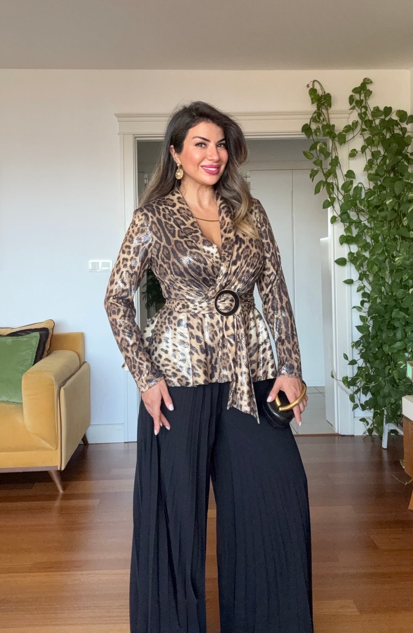 LEOPAR DESEN PUL PAYET PİLELİ TAKIM - SİYAH
