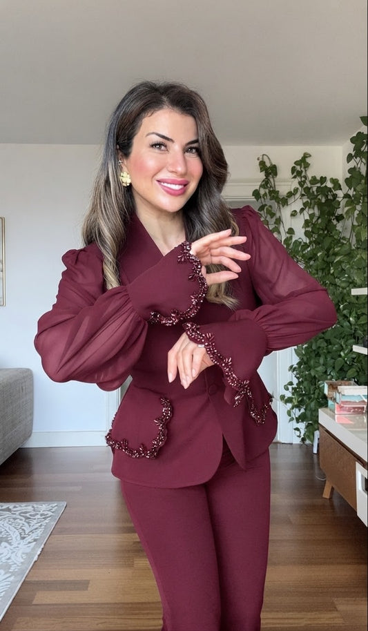 TAŞLI ŞİFON KOLLU BLAZER TAKIM - BORDO