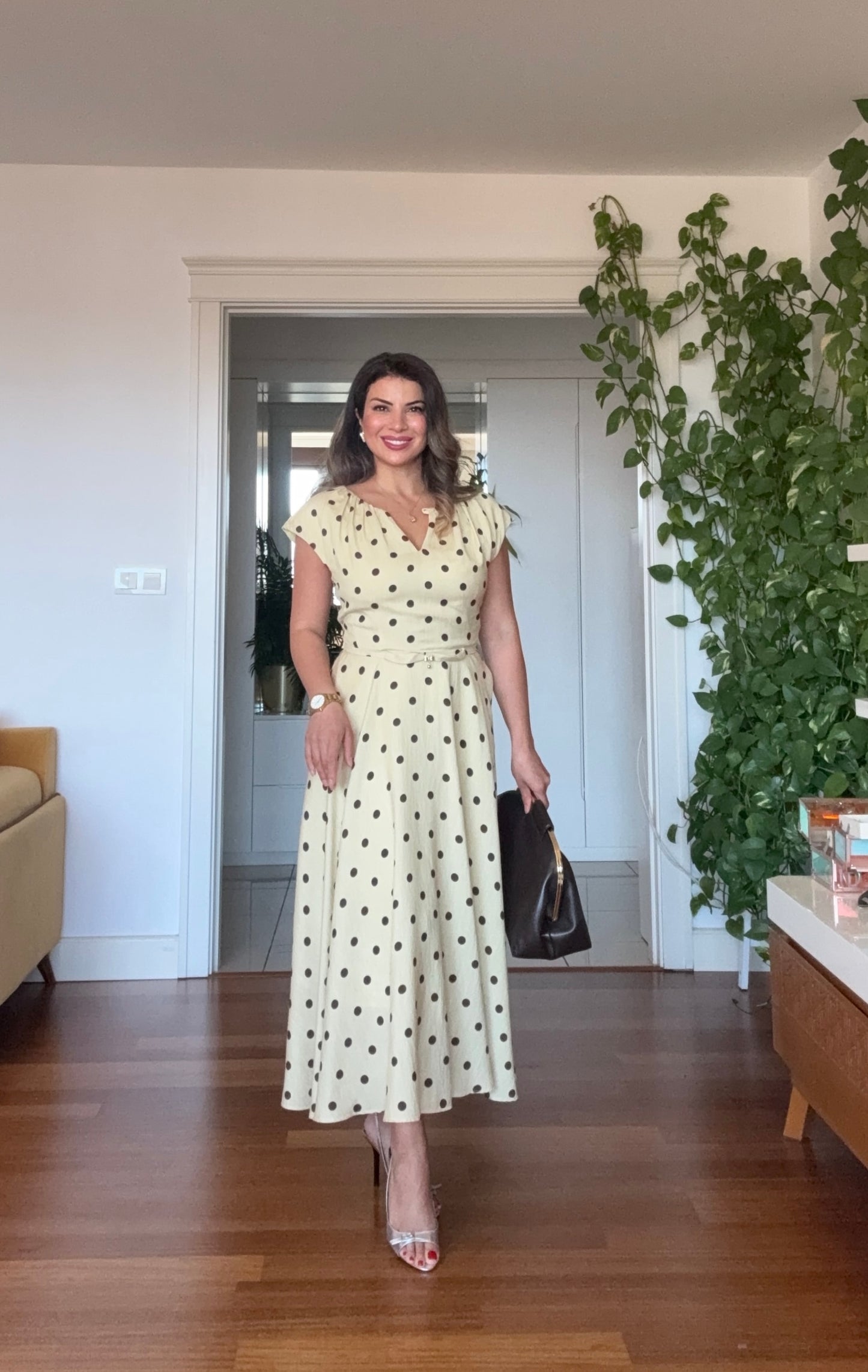 PUANTIYELI KEMER DETAYLI MAXI ELBISE - SARI