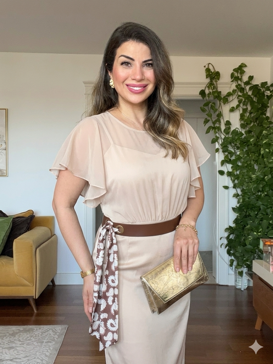 ŞİFON DETAYLI KEMER AKSESUARLI MİDİ ELBİSE -BEJ