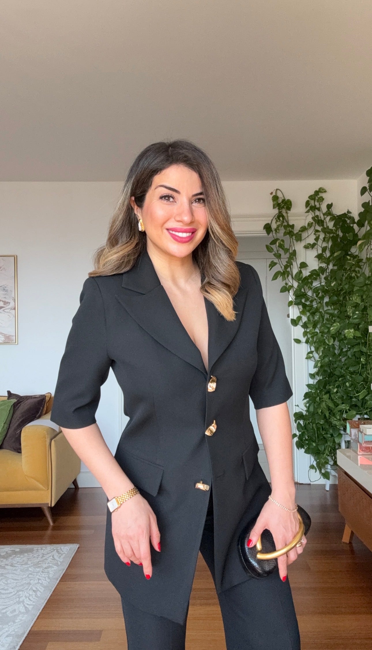 GOLD DÜĞME DETAYLI KEMERLİ BLAZER PANTOLON TAKIM - SİYAH