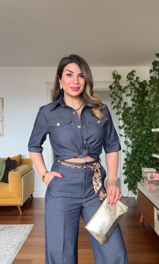LEOPAR KEMER DETAYLI ŞIK DENİM GÖRÜNÜMLÜ TAKIM
