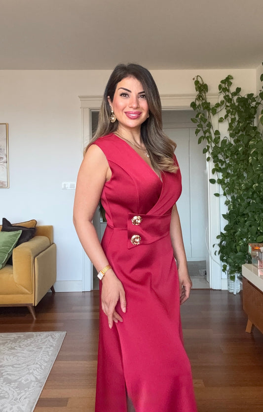 GOLD DÜĞME DETAYLI ELBİSE - BORDO