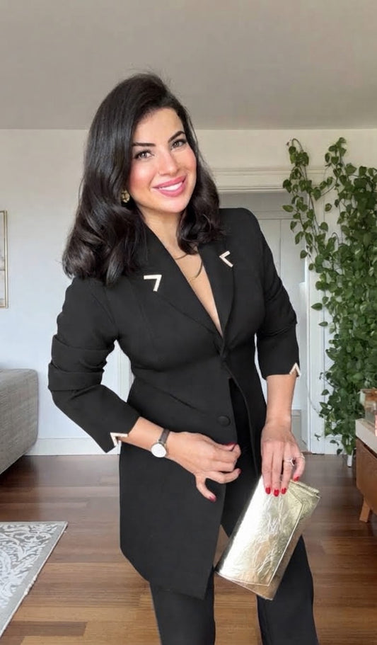GOLD AKSESUAR DETAYLI UZUN BLAZER TAKIM - SİYAH