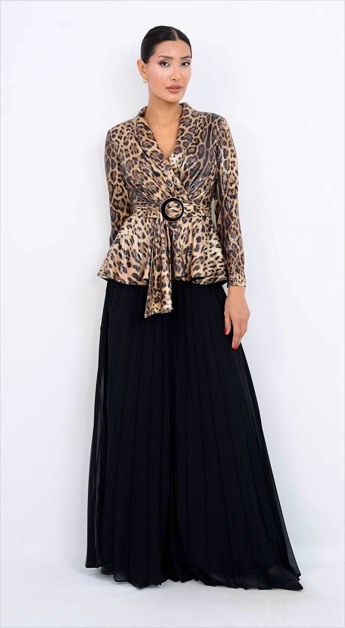 LEOPAR DESEN PUL PAYET PİLELİ TAKIM - SİYAH