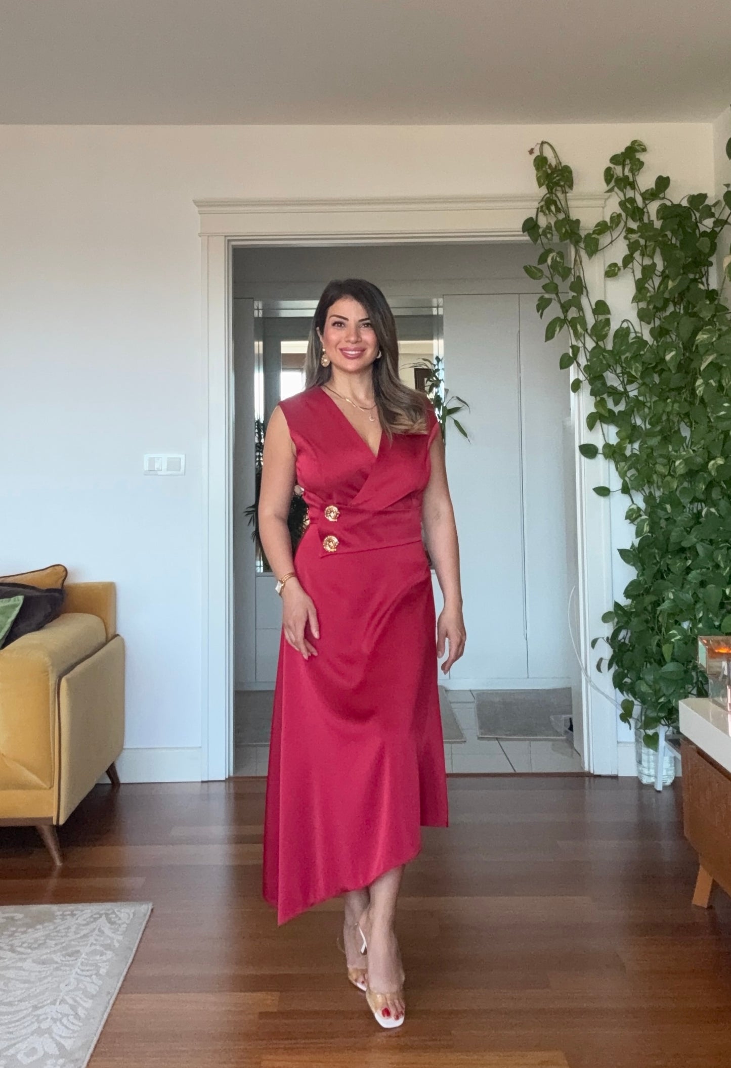 GOLD DÜĞME DETAYLI ELBİSE - BORDO
