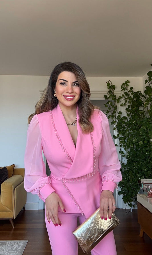 KOLU TÜL DETAYLI TAŞLI TAKIM - PEMBE