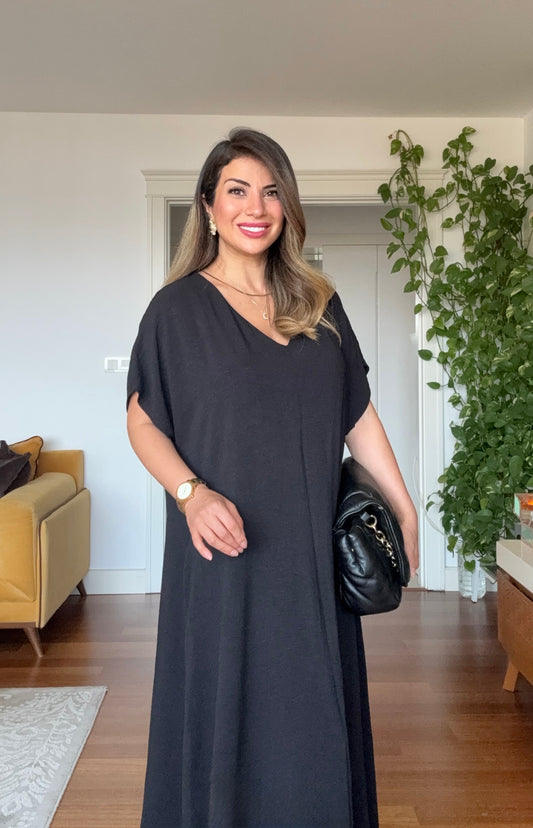 V YAKA OVERSİZE MAXİ ELBİSE - SİYAH