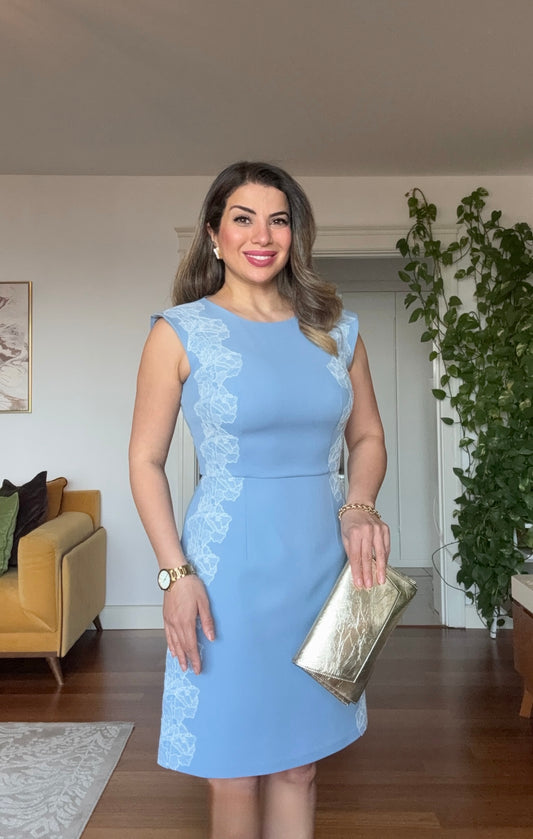 DANTEL DETAYLI  MİDİ ELBİSE- MAVİ