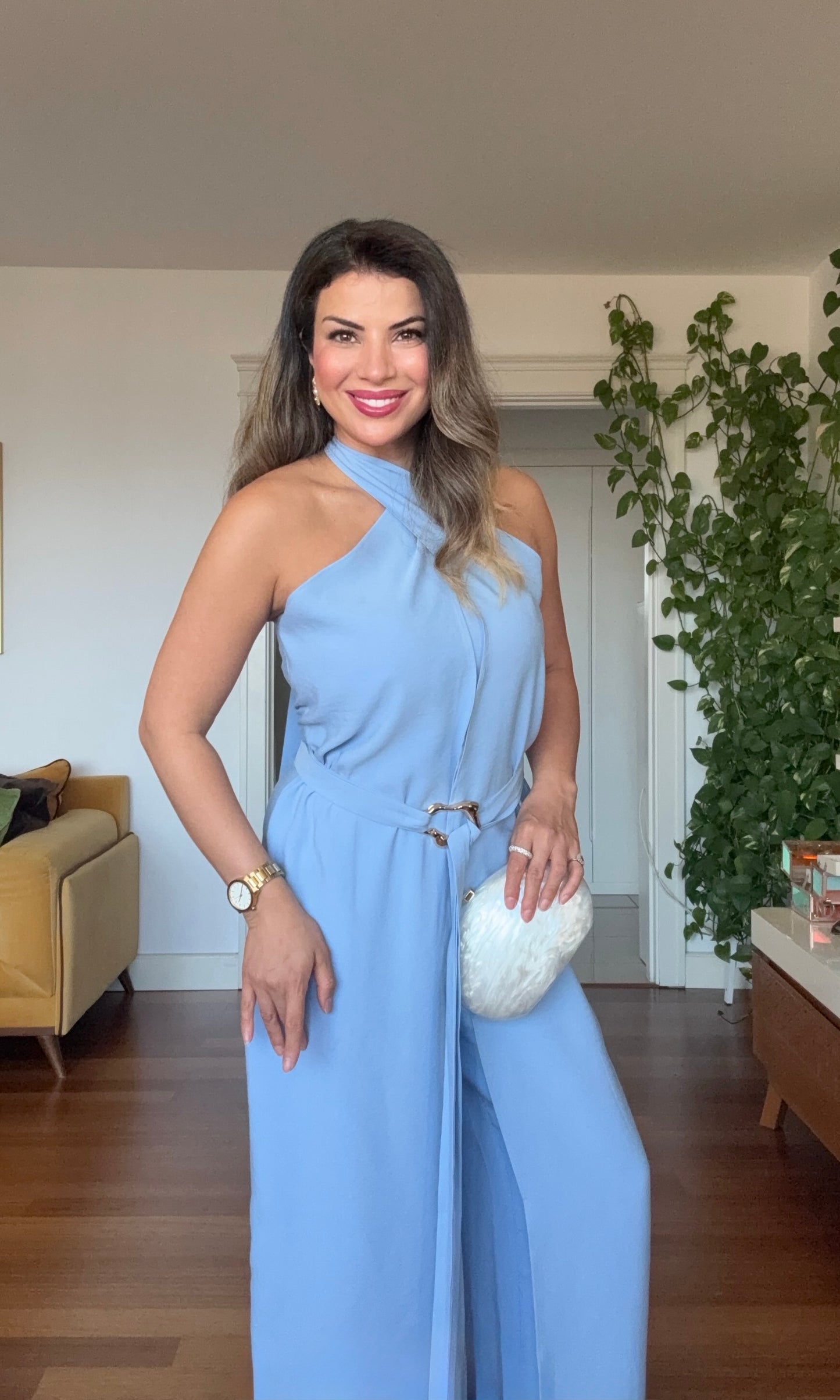 HALTER YAKA KUŞAKLI GENİŞ PAÇA TULUM - MAVİ