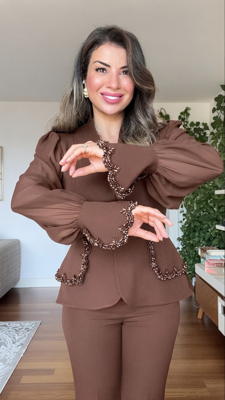 TAŞLI ŞİFON KOLLU BLAZER TAKIM - KAHVE