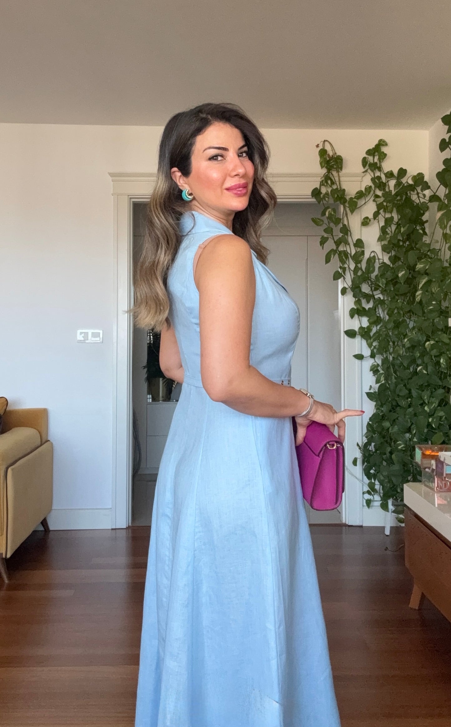 DOĞAL KETEN YAZLIK ELBİSE - MAVİ