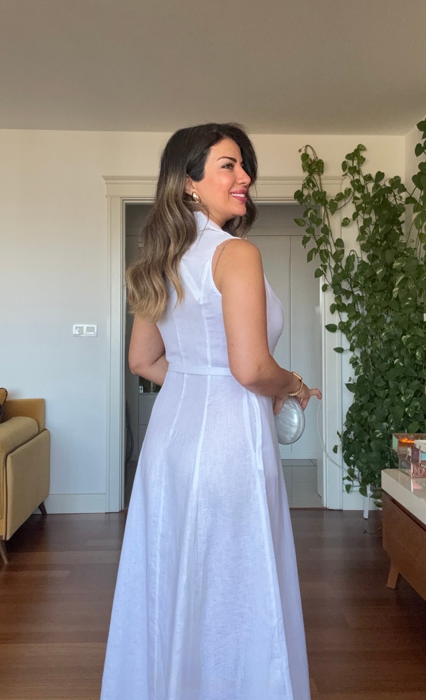 DOĞAL KETEN YAZLIK ELBİSE - BEYAZ