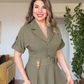 SAFARİ YAKA GOLD TOKA DETAYLI MİDİ ELBİSE - HAKİ