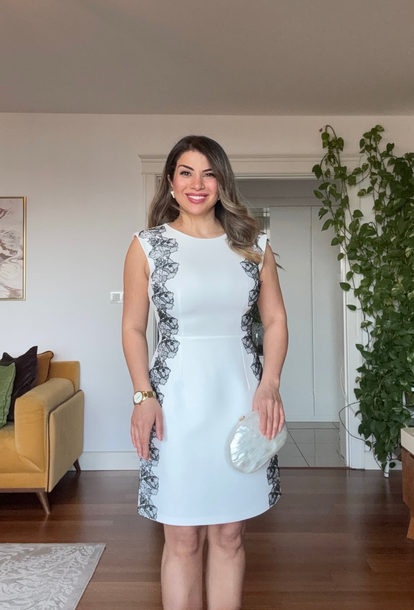 DANTEL DETAYLI  MİDİ ELBİSE- BEYAZ